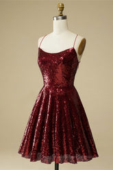 Bridesmaids Dresses With Lace, Burgundy A-line Lace-Up Back Sequins Mini Homecoming Dress